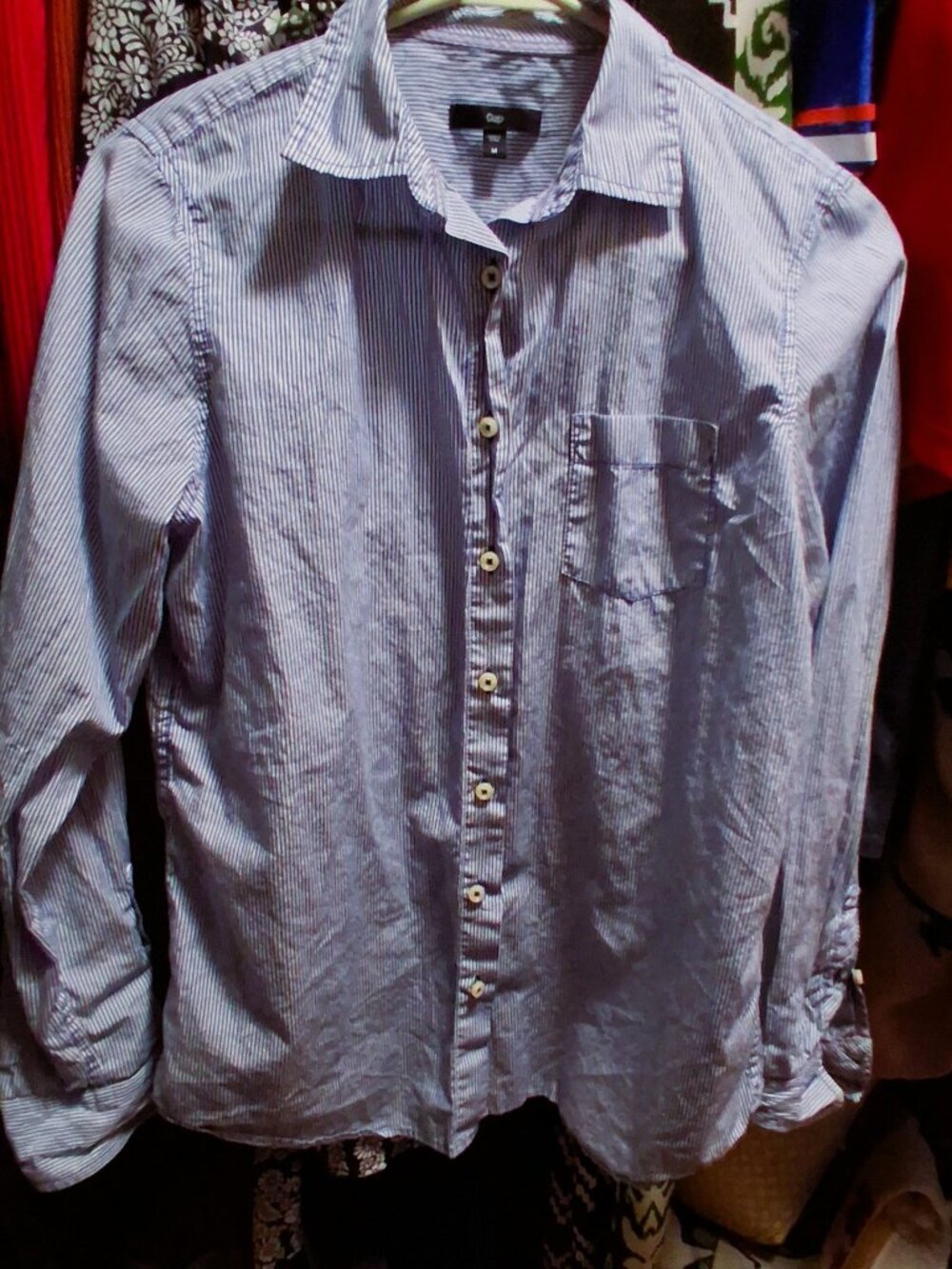 GAP Women's Light Blue and White Striped Casual Button-Down Shirt